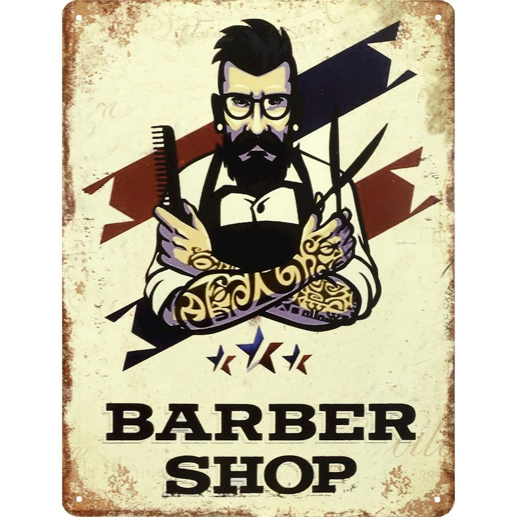 Plechová závěsná cedule - Barber shop